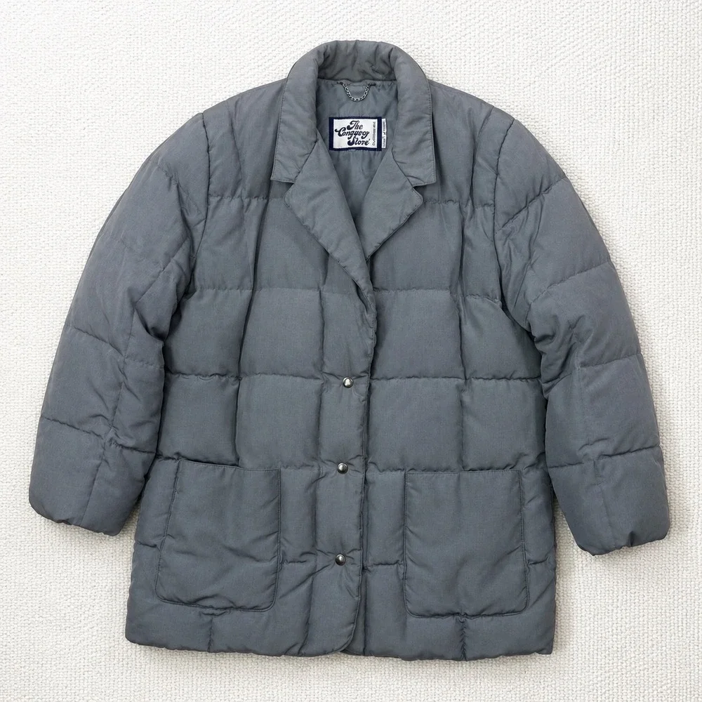 The Company Store Vintage Gray Down Puffer Coat Quilted Mid Length Jacket Mens L
